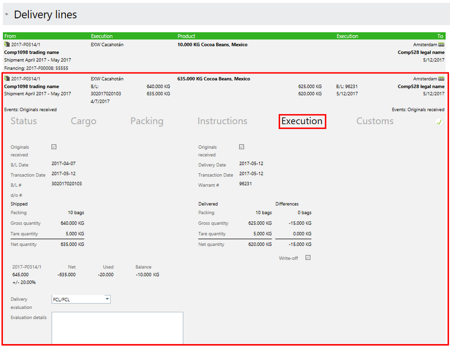 Delivery lines in a delivery form