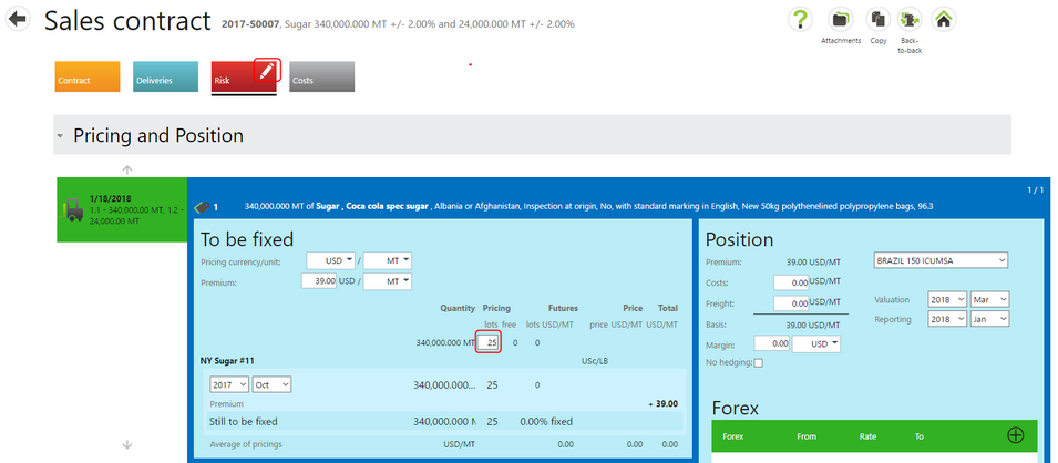 Lot editing in risk tab