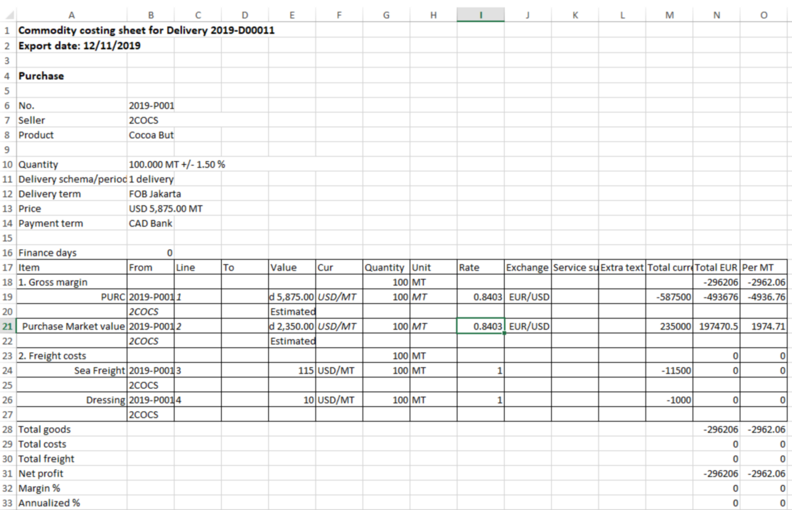 Delivery cost sheet export to Excel 2