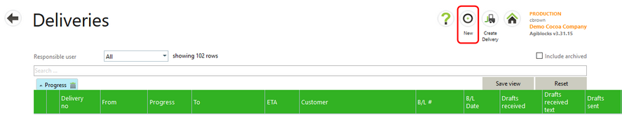 New button on deliveries screen