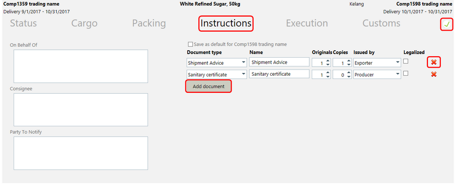 Delivery Instructions tab