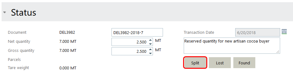 Split inventory lot example