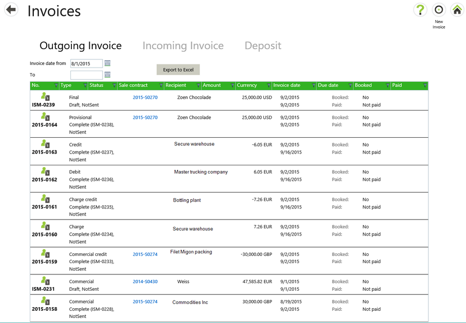 Invoices screen