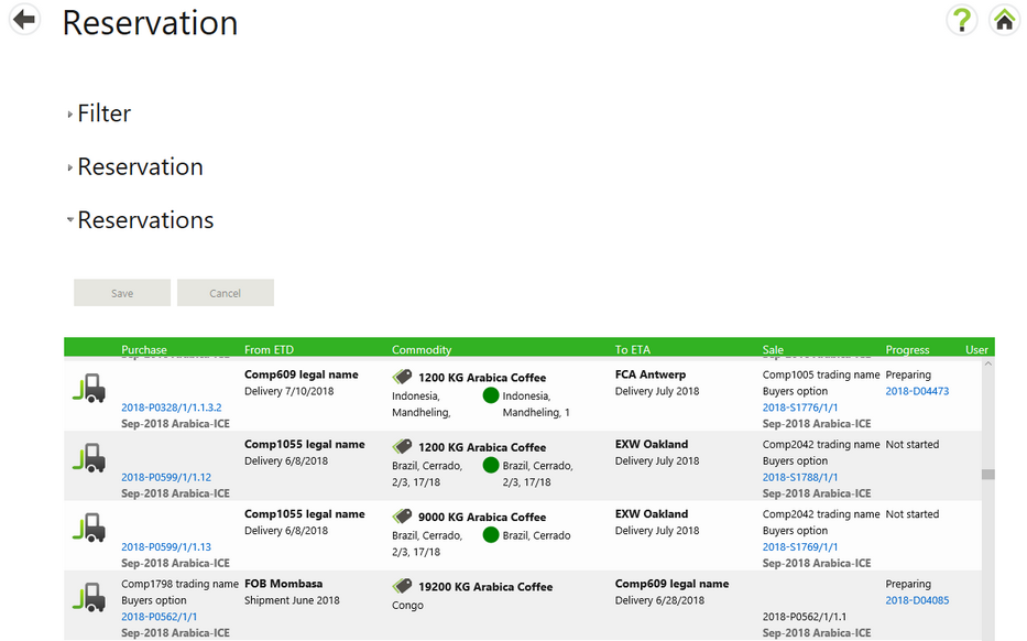 Reservation screen sections