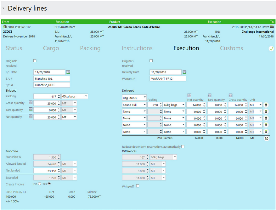 Franchise invoice Execution tab